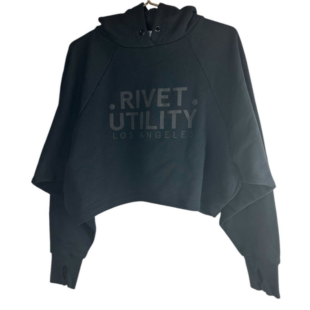 Rivet Utility Deven Cropped Hoodie Black Crop Sweatshirt Small Oversized Logo - Picture 4 of 8